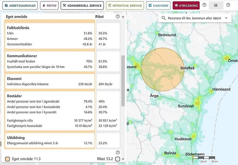 Ett skärmklipp från verktyget Regionalanalys visar en kartbild.